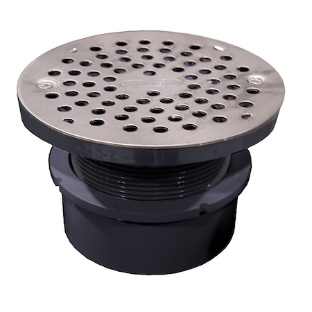 Jones Stephens 4in. PVC Hub Fit Drain Base with 3-1/2in. Plastic Spud and 6in. Stainless Steel Strainer D53017